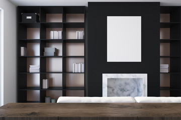 Fototapeta premium Black living room, fireplace and bookcases