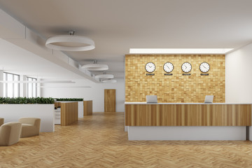 White and light wooden reception toned
