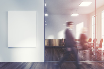 White office lobby, meeting room, people
