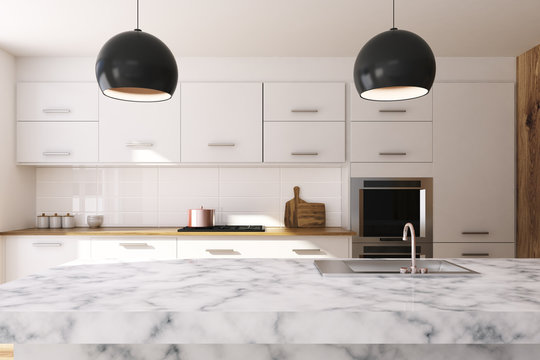 White kitchen, marble countertop