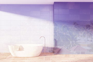 Blue bathroom interior, white tub toned