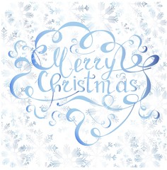 Typography banner with lettering Merry Christmas on blue snowflakes background, watercolor effect on white stock vector illustration