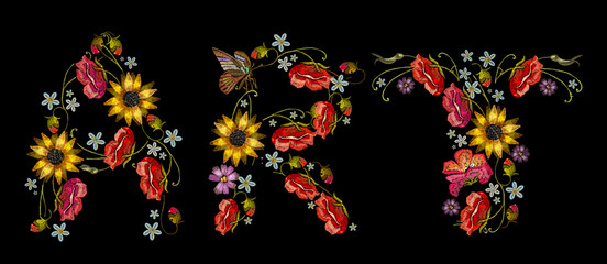 Embroidery word from flowers. Slogan Art. Fashion template for clothes, textiles, t-shirt design. Classical embroidery red roses, peonies, sunflowers, butterflies. Art word