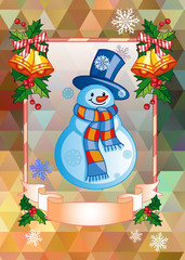 Holiday christmas card with funny snowman on  a colorful mosaic background. 