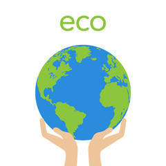 Human hand holding green globe with leaves Vector