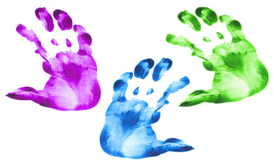 Kid hand prints colorful set isolated on white background. Many fingerprint or stamp texture artwork of kids for education and journey. Bottom view. Close up.