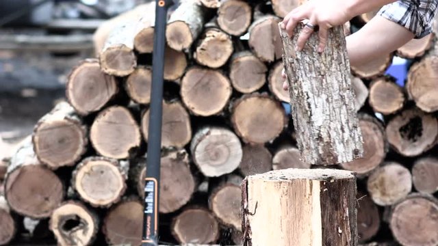 Wood Splitting Chopping Firewood Multiple Hits with an Axe Fire Wood