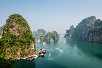 Busy cove near Sung Sot Cave in Halong Bay, Vietnam