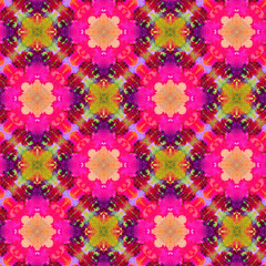 Hand drawn seamless pattern with folk national motives. Bright colored abstract wallpaper. Seamless texture. Geometric fabric design. Art painting. Pink colors. Native. Patchwork, and scraps.