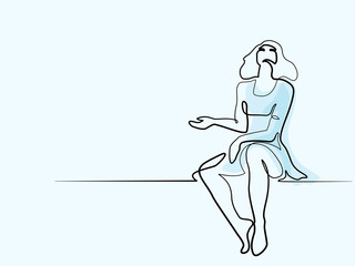 Continuous line differen wide drawing. Woman sitting, looking up and waiting rain. Vector color illustration