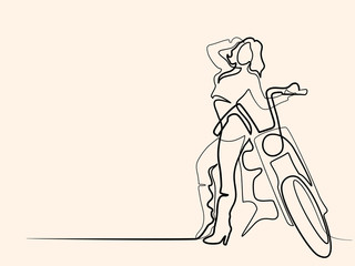 Continuous line wifferent wide drawing. Woman standing near motorbike. Vector color illustration