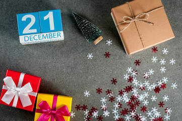 December 21st. Image 21 day of december month, calendar at christmas and new year background with gifts