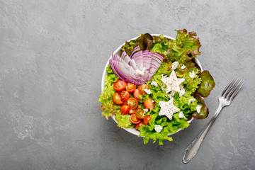 Cute green salad with mini cherry tomatoes, red onion slices and feta cheese stars. Top view copy space.

