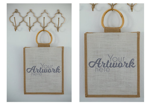 Hanging Bag with Circular Wooden Handle Mockup 1