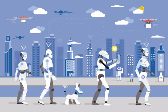 Robots Walking in a Futuristic City