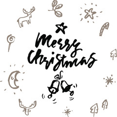 The inscription merry Christmas with calligraphic elements with Christmas symbols on a white background