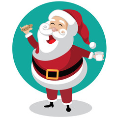 Cartoon Santa Claus eating the cookies and milk left for him while he delivers Christmas gifts. EPS 10 vector illustration.