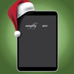Santa Claus hat with personal tablet or notebook. Santa's naughty of nice list. EPS 10 vector illustration.