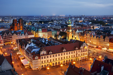 Naklejka premium City of Wroclaw in Poland, Old Town Market Square from above.