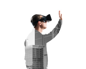 Guy wearing checked shirt and virtual mask stretching hand to touch something