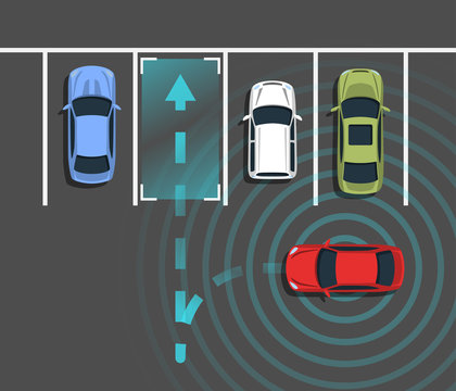 Autonomous car parking top view. Self driving vehicle with radar sensing system. Driverless automobile parking. Vector illustration.