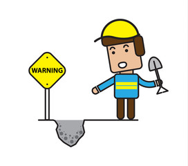 Worker with under construction sign , flat cartoon design