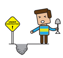 Worker with under construction sign , flat cartoon design