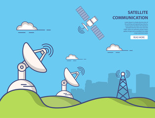 Communication parabolic satellite dish space receivers.Landscape Urban.The artificial satellite in an earth orbit the transmitting signal on the surface of the planet.Wireless technology cartoon flat. © dukesn