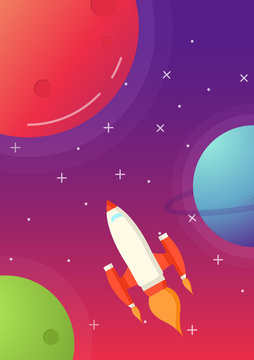  Space ship.Travel on rockets on alien planets. Flight by the spaceship. A poster fantastic with planets and stars. A vector in flat style.Scientific research of solar system.