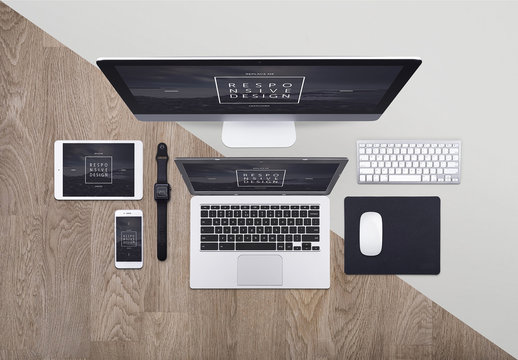 Top View Mockup of 5 Devices with 2 Background Options
