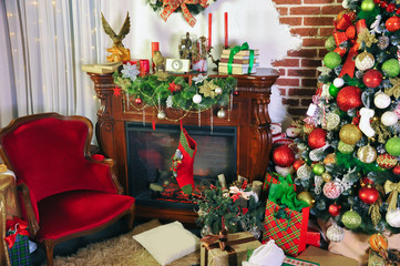 Beautiful Christmas Christmas living room interior with decorated Christmas tree, fireplace, gifts, Teddy bear toy and a chair. Cards. Background. Elements.
