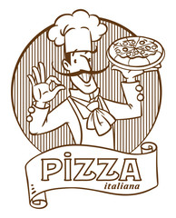 Funny italian chef with pizza. Emblem design