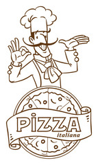 Funny italian chef with pizza. Emblem design