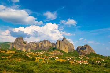 Mountain scenery with Meteora rocks and, landscape place of monasteries on the rock.