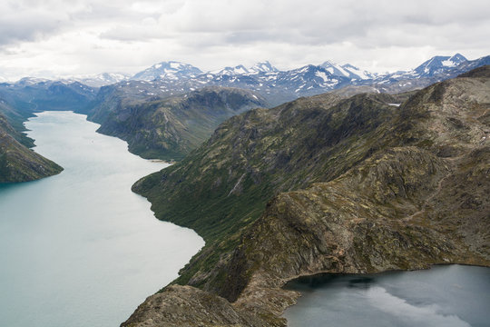 View from Besseggen ridge over Gjende lake and Memurubu, Norway