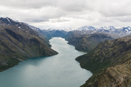 View from Besseggen ridge over Gjende lake and Memurubu, Norway