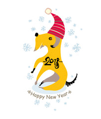 Funny yellow dog in a Santa cap is sitting under snowflakes. Happy New Year! Hand drawn card for the year of the dog 2018.