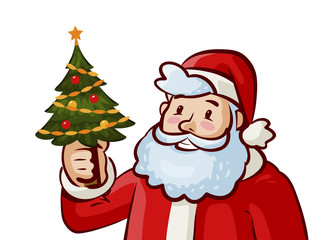 Santa Claus and Christmas tree. Holiday, xmas concept. Cartoon vector illustration