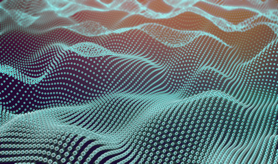 Fondo abstracto de tecnología y ciencia.Malla o red.Ilustracion 3d de patrón de puntos y ondas - obrazy, fototapety, plakaty