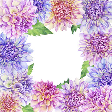 Floral square frame with purple Dahlia flower. Closeup dahlia flower. For wedding, invitation, Valentine's Day, Mother's Day. Watercolor hand drawn painting illustration isolated on white background.