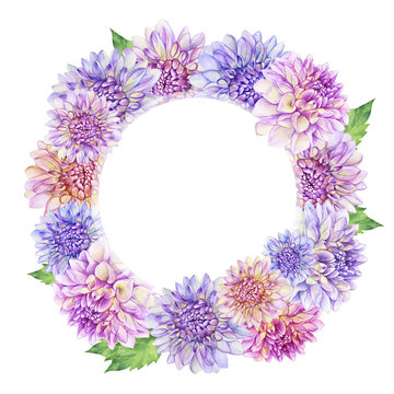Banner, round frame with purple Dahlia flower. Closeup dahlia flower. For wedding, invitation, Valentine's Day, Mother's Day. Watercolor hand drawn painting illustration isolated on white background.