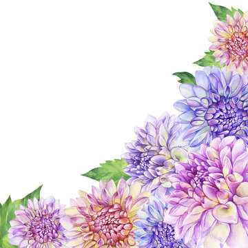 Poster, composition of with purple Dahlia flower. Closeup dahlia flower. For wedding, invitation,  Mother's Day. Watercolor hand drawn painting illustration isolated on white background.