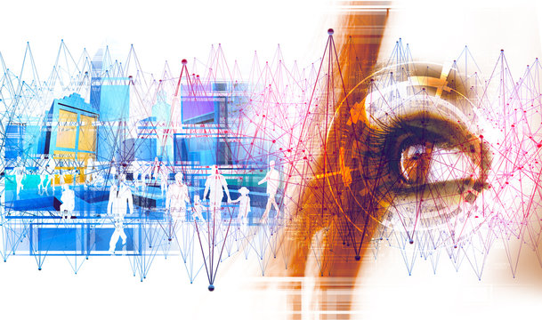 Fondo abstracto de tecnologia y ciencia.Cara y detalle de ojo.Siluetas de gente y ciudad.Concepto de internet y cibernetica