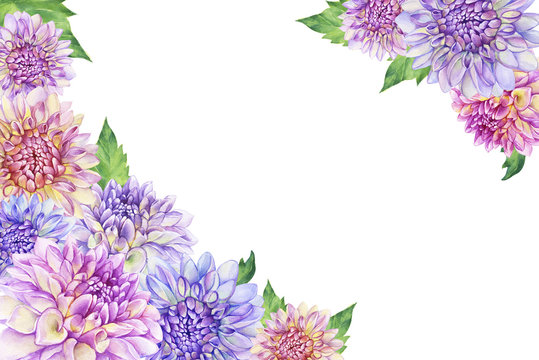 Border with a purple Dahlia flower. Closeup dahlia flower. For wedding, invitation, Valentine's Day, Mother's Day. Watercolor hand drawn painting illustration isolated on white background.