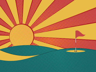 Golf background. Abstract golf course, hole, flag and sun.