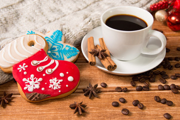 Christmas morning - gingerbread and hot coffee and Christmas decor .Postcard template.