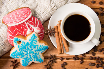 Christmas gingerbread and hot coffee in a white Cup. The Concept of Christmas morning.Postcard ,template. The view from the top