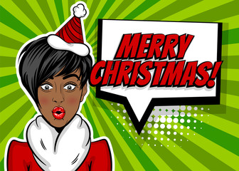 African american black star girl. Woman pop art greeting Merry Christmas and New Year. Vintage popart poster. Wow face kitsch vector illustration. Speech bubble. Comics book text radial background.