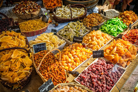 Colourful selecvtion of dreid fruit on display in French market