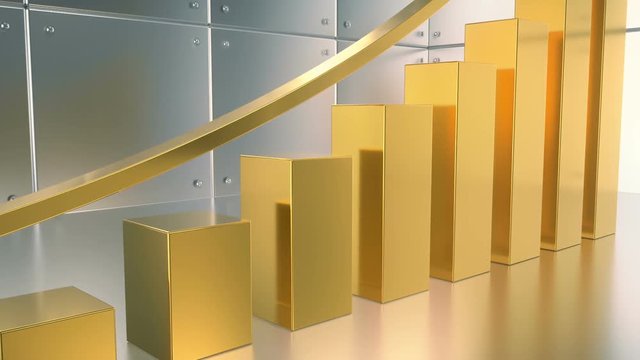 Growing Golden bar chart and 3D arrow animation.Business growing bar graphs.Good for infographic projects and intro.Silver gold.